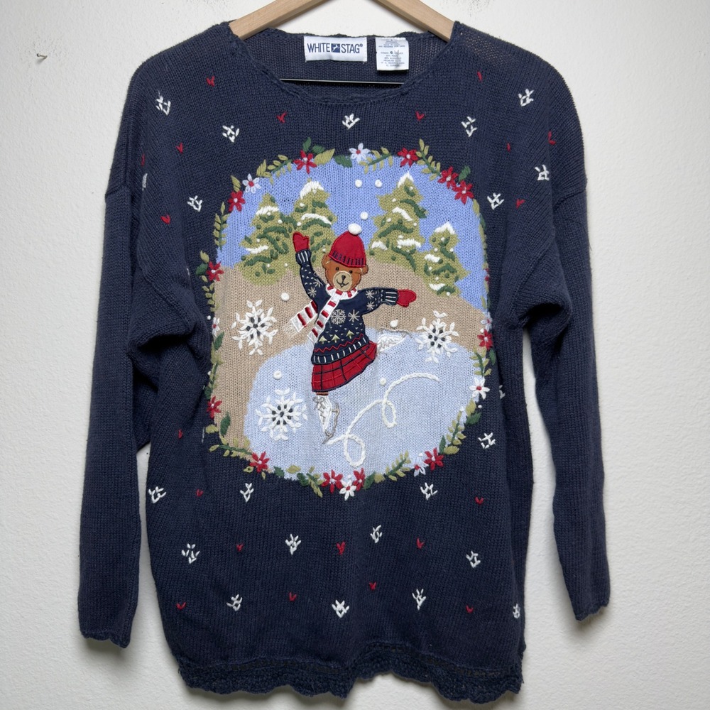 Women Christmas Holiday Ramie Cotton Sweater Blue Ice Skating Bear Crochet
